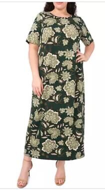 Vince Camuto Plus Size 2X Green Floral Short Sleeve Stretch Modest Maxi Dress